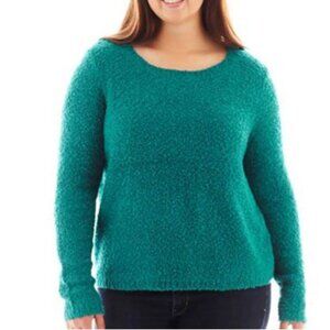 Arizona Cropped Green Boucle Sweater Jr Plus Size 1X Everglade Textured Crew Nec